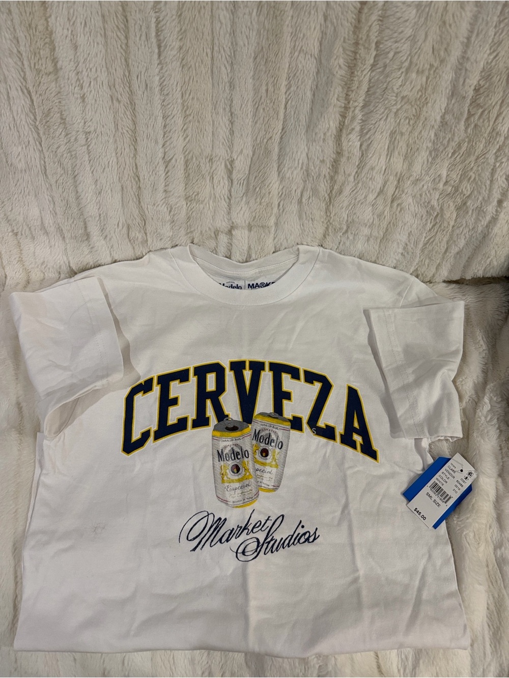 ModelCo White Tee with Navy and Yellow Cerveza Graphic